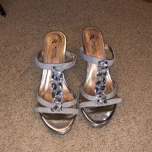 Jeweled, sparkly, silver heels. Size 7.5